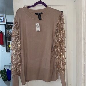 Ashley Stewart Beige Sequin Fringe Sleeve Sweatshirt